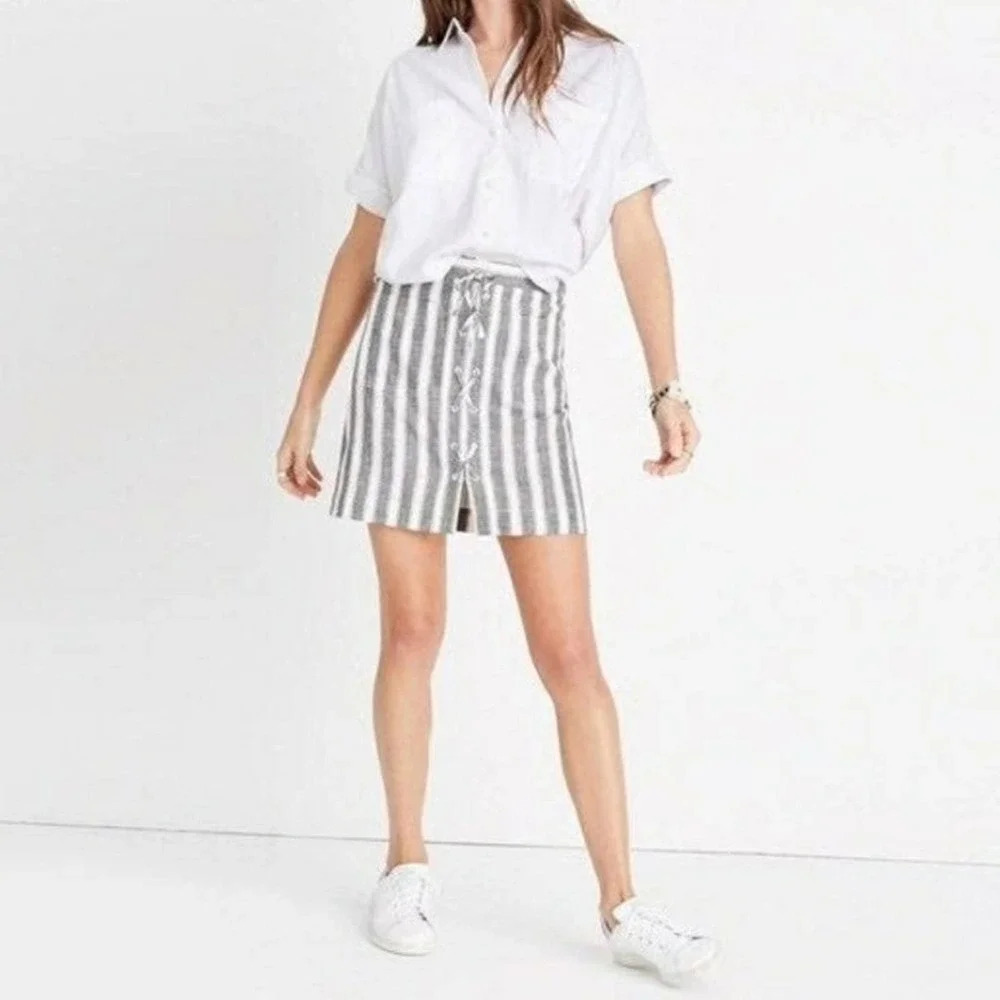 MADEWELL G3051 Linen Laced Striped Mini Skirt Gray